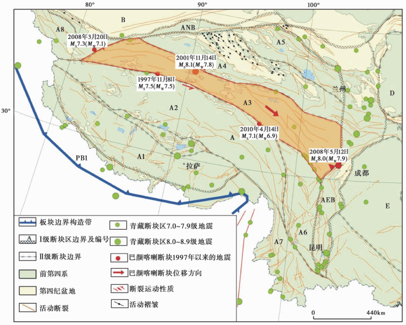 放在地图上,就会发现,这些地震大都集中在一个叫做巴颜喀拉地块周围