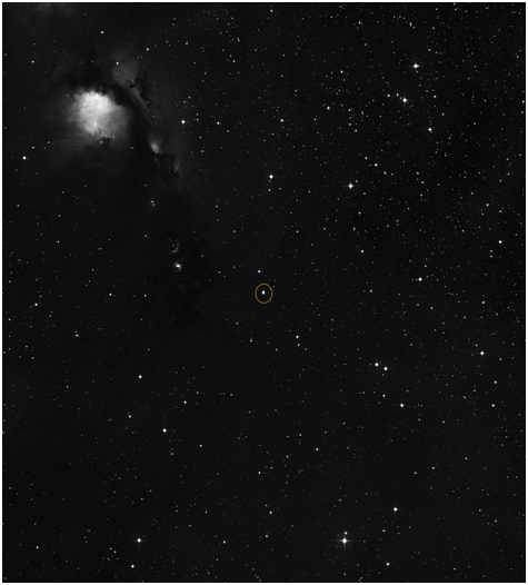 图中标出的就是真实星空证认图中的教授星.赤经05:45:28.
