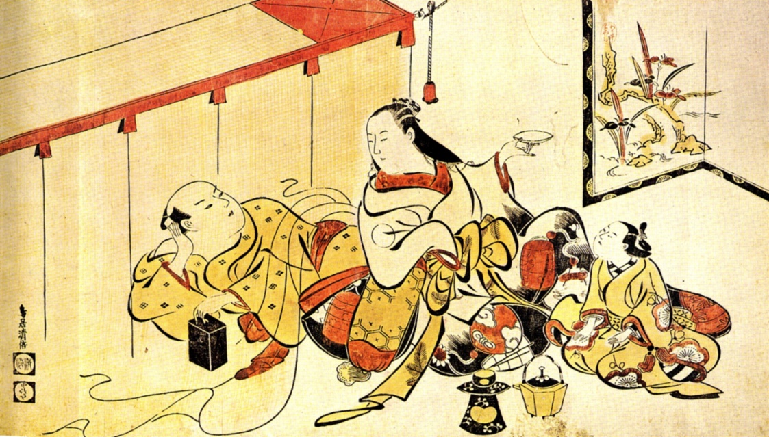 日本的蚊帐。绘画:鸟居清倍。